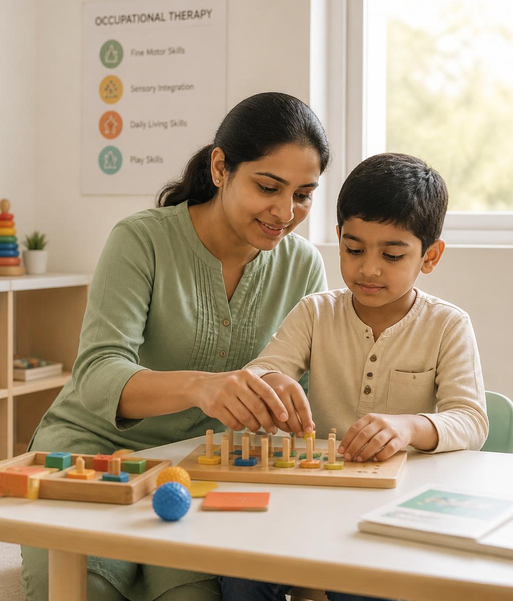 A therapist engaged in warm, play-based early intervention with a toddler in a bright, welcoming space