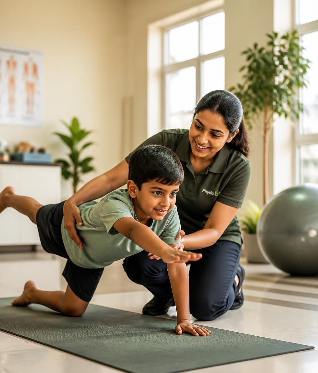 A physiotherapist guiding an older adult through a gentle standing balance exercise in a light, airy studio