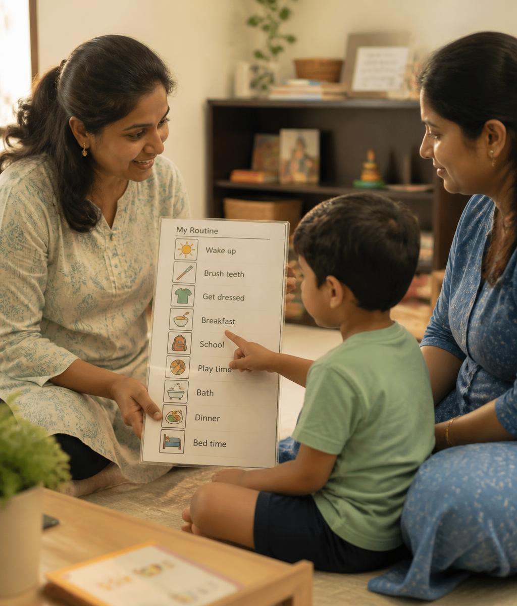 A therapist using structured, play-based learning activities with a child and family around a table