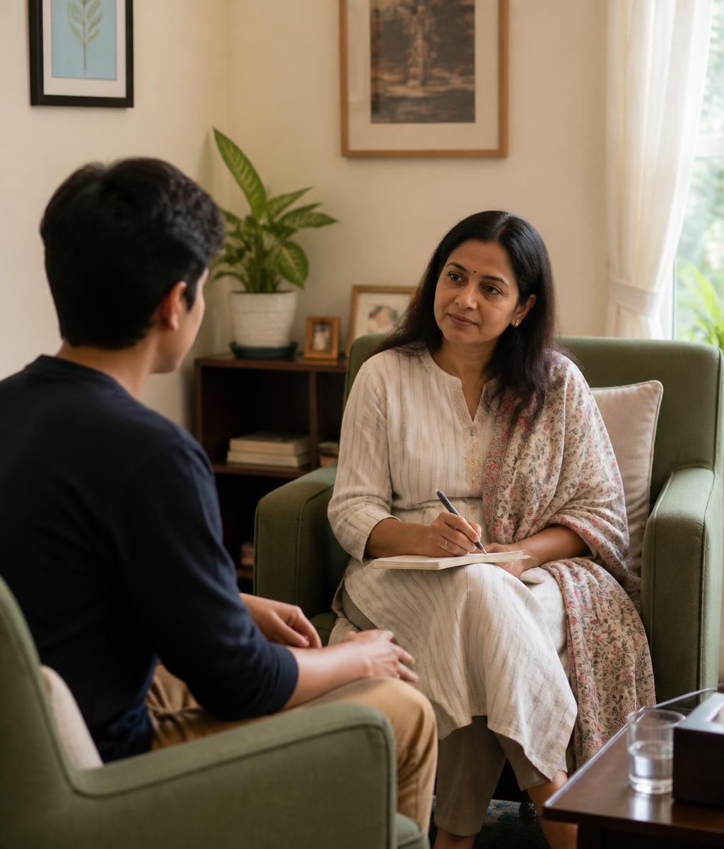 A calm therapy room with two soft armchairs by a sunlit window during a supportive counselling conversation
