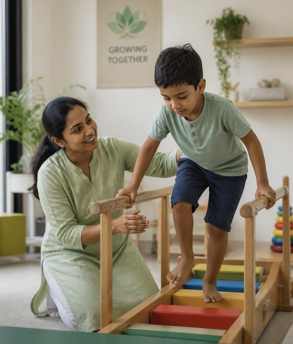 An allied health therapist kneeling beside a seated client, offering supportive hands-on guidance in a warm, naturally lit therapy space