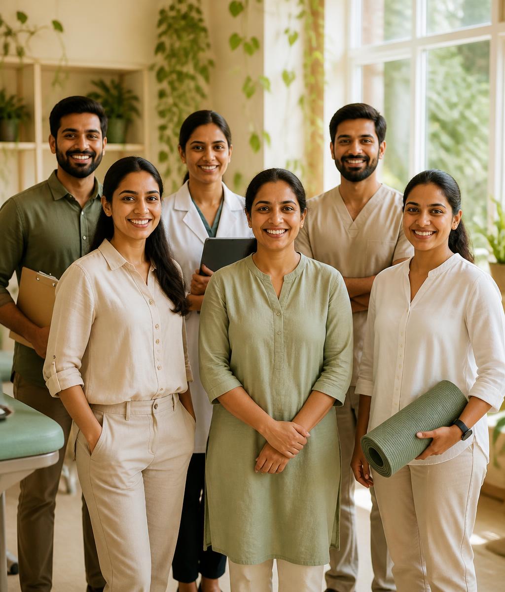 A multidisciplinary group of allied health professionals standing together and smiling in a bright, plant-filled clinic space